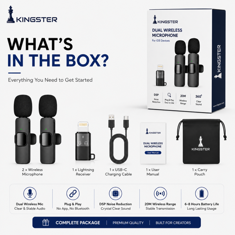 KINGSTER® K9 Dual Wireless Lavalier Microphone for Android & iPhone